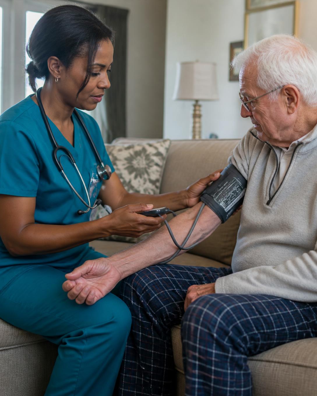 An LPN in teal scrubs checking an elderly man's blood pressure at home