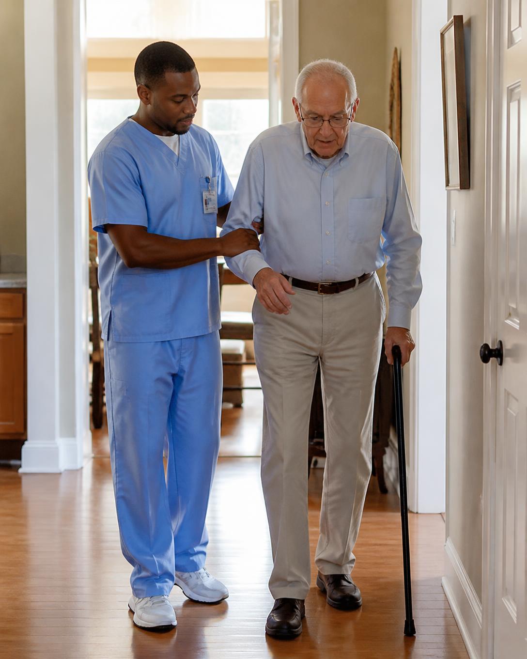 A CNA in blue scrubs helping an elderly man walk with a cane at home