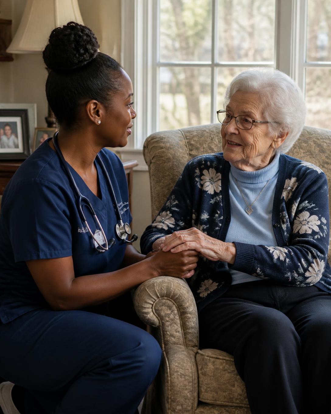 A certified nursing assistant in navy scrubs sitting with an elderly woman in her living room